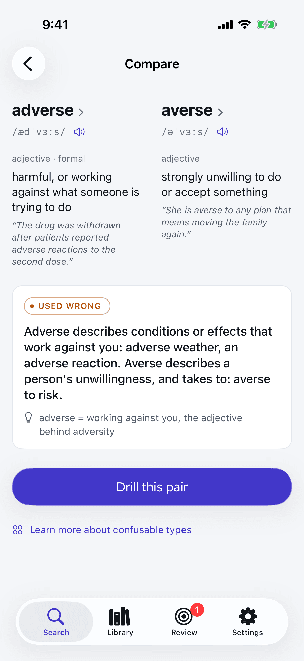 Acumo's comparison of adverse and averse side by side, each with its pronunciation, meaning and example, above a card marked Used wrong that holds the line separating them, and a Drill this pair button.