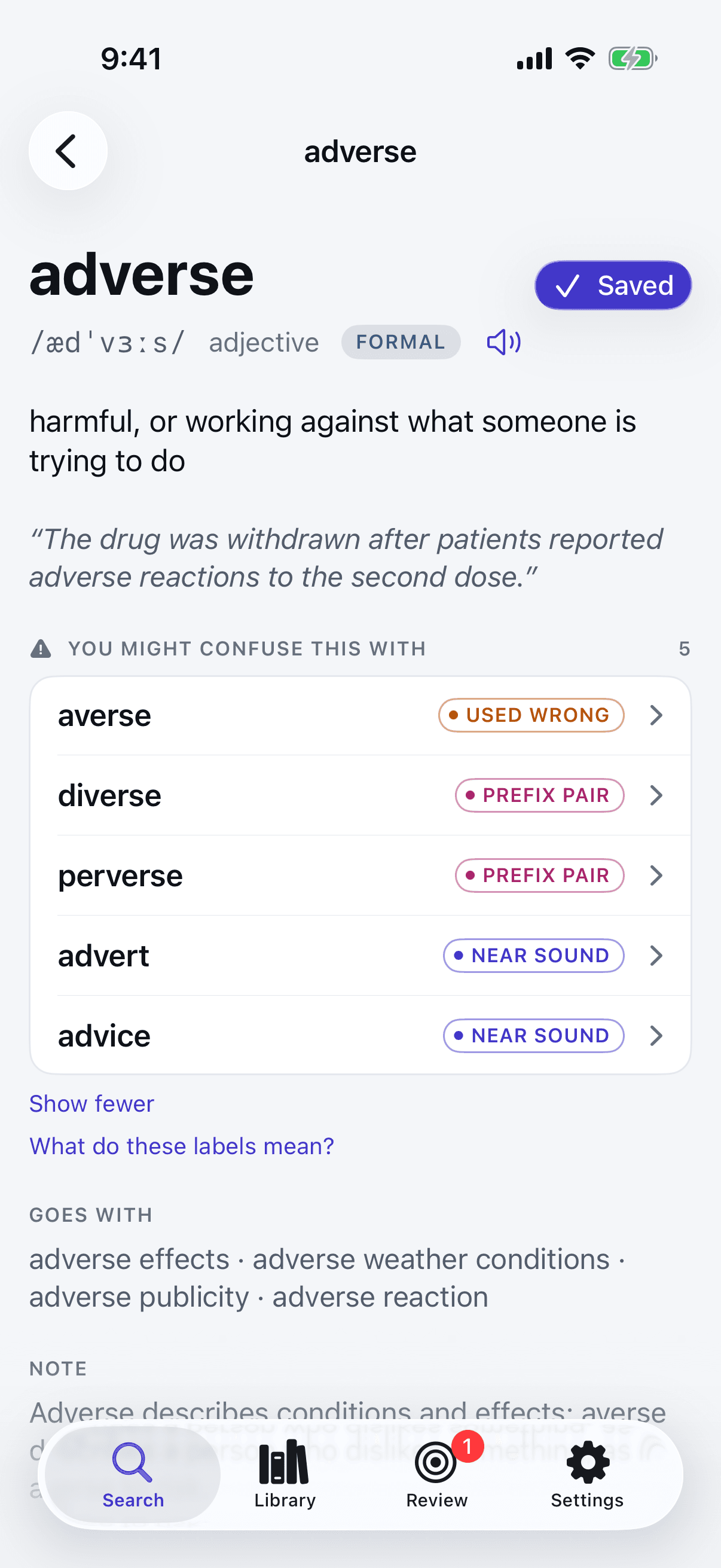 Acumo's entry for adverse: pronunciation, a formal tag, the meaning and an example, then five words you might confuse it with, each labelled with why: averse, used wrong; diverse and perverse, prefix pairs; advert and advice, near sounds.