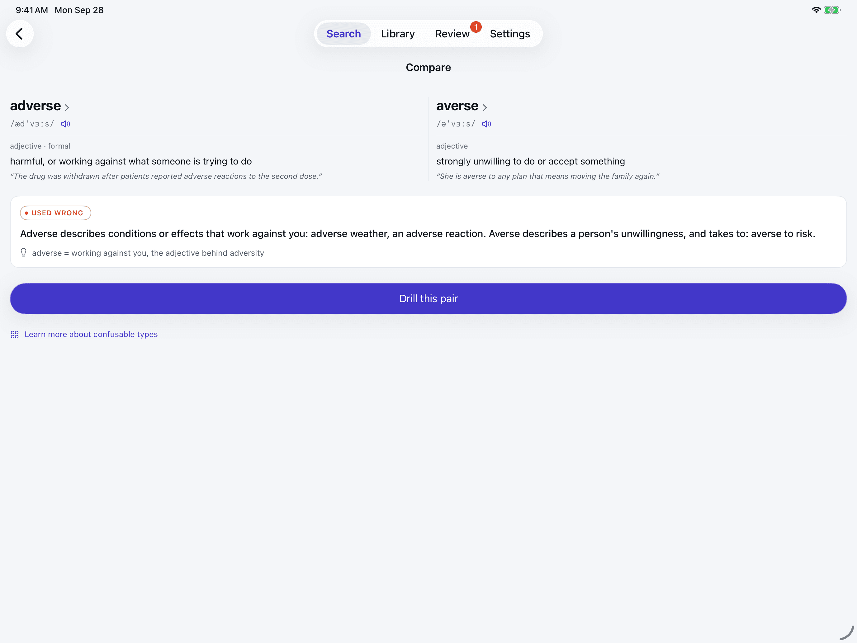Acumo on iPad in landscape: the comparison of adverse and averse in two wide columns, each with its pronunciation, meaning and example, above the Used wrong card that holds the line separating them, and a Drill this pair button across the full width.