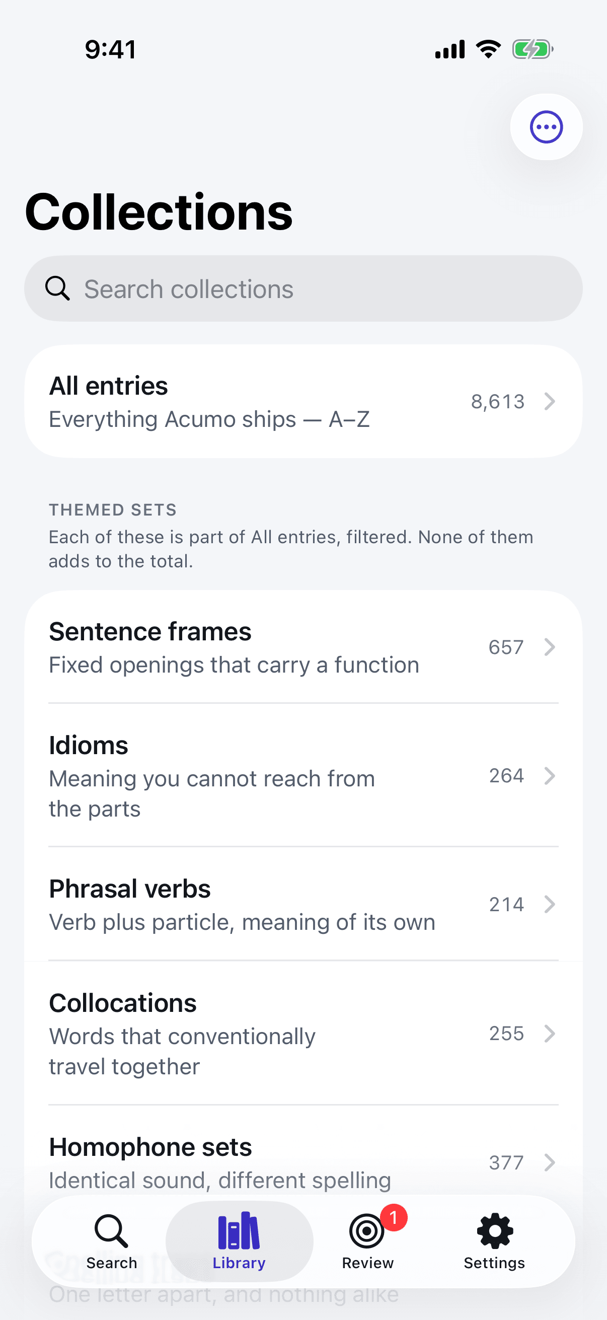 The Collections screen: All entries, then themed sets with their counts, sentence frames, idioms, phrasal verbs, collocations and homophone sets.